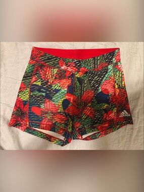 adidas Red Floral Performance Shorts with Green Accents